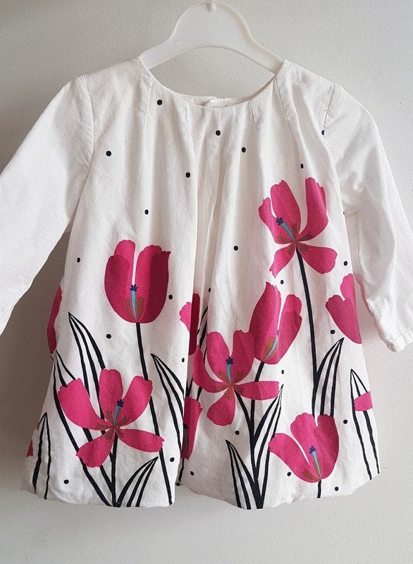 CATIMINI - Robe velours blanc + fleurs - T.12 mois/74 cm, Enfants & Bébés, Robe ou Jupe, Enlèvement ou Envoi, CATIMINI, Utilisé