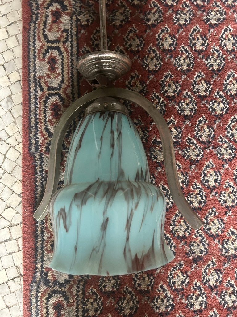 Art Deco hanglamp, blauw gemarmerd jaren '30, Enlèvement