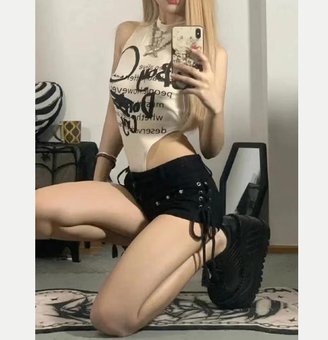 Vintage punk lace up korte jeans Amerikaanse stijl - Zwart, Verzenden, Nieuw, Maat 36 (S), Zwart