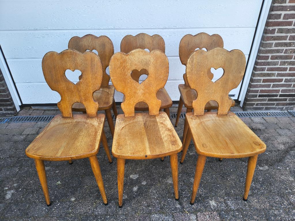 6 vintage massief houten eetkamerstoelen, Ophalen, Gebruikt, Bruin, Retro/vintage