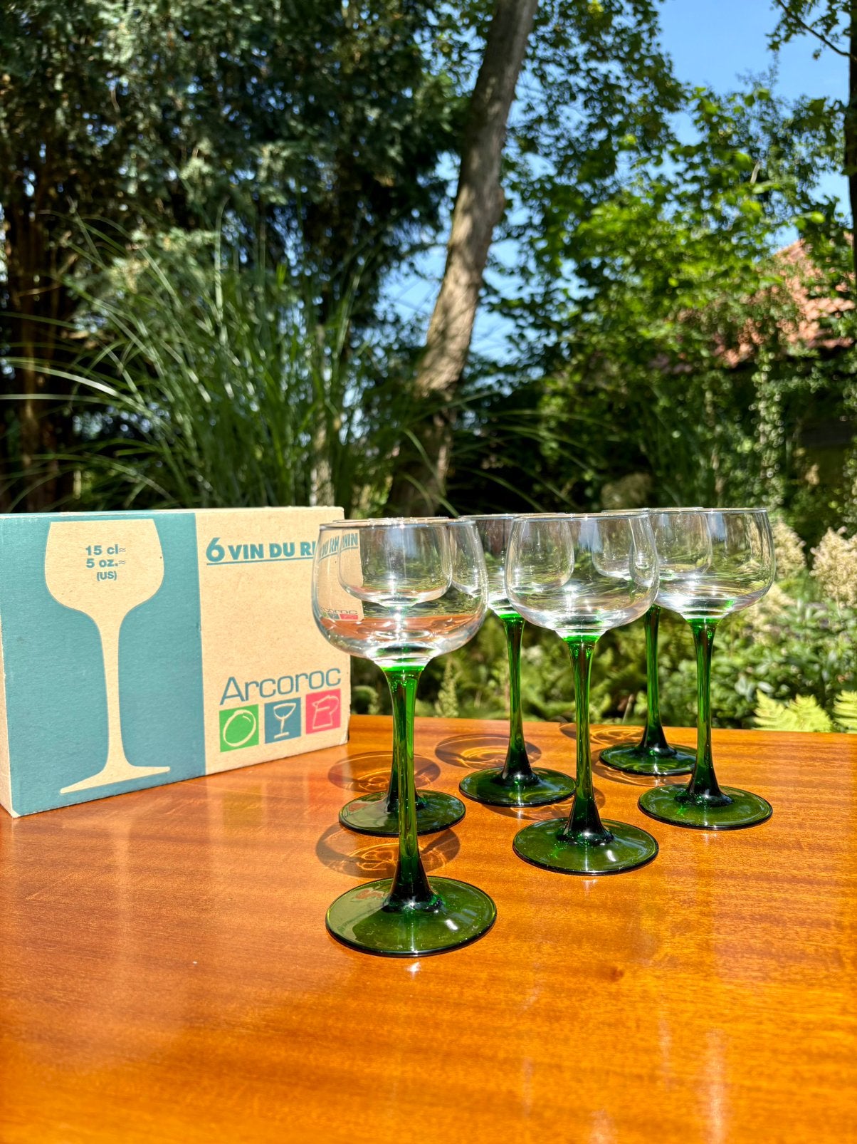 Vintage Arcoroc wijnglazen met groene voet – set, Ophalen of Verzenden, Zo goed als nieuw