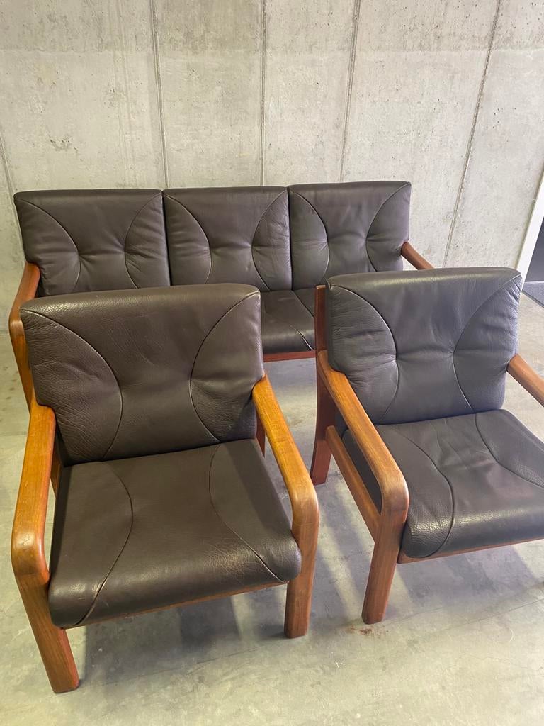 Vintage mid century Leren Bankstel:2 Fauteuils & 3-zits Bank, 150 à 200 cm, Enlèvement, Utilisé, Trois personnes