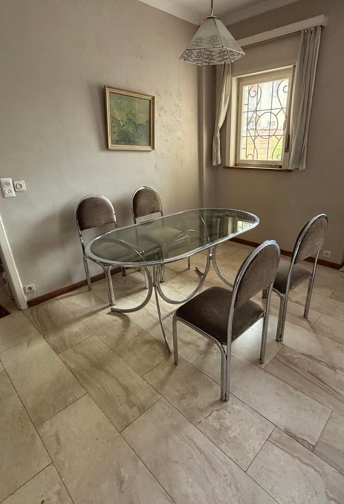 Superbe table à manger+chaises Vintage en chrome&verre fumé, Enlèvement, Comme neuf