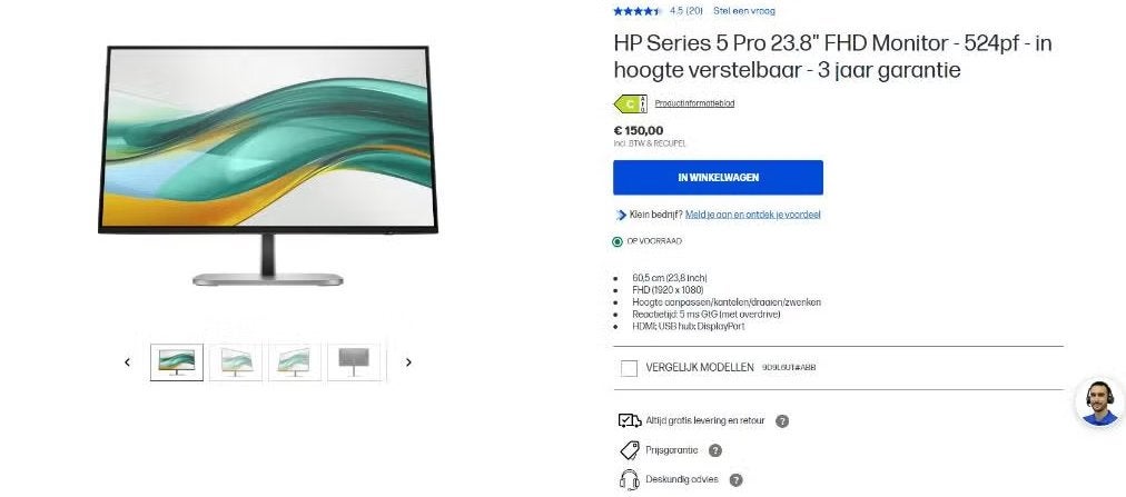 HP Series 5 Pro 23.8" FHD Monitor - 524pf, Ophalen, Hp, IPS, In hoogte verstelbaar