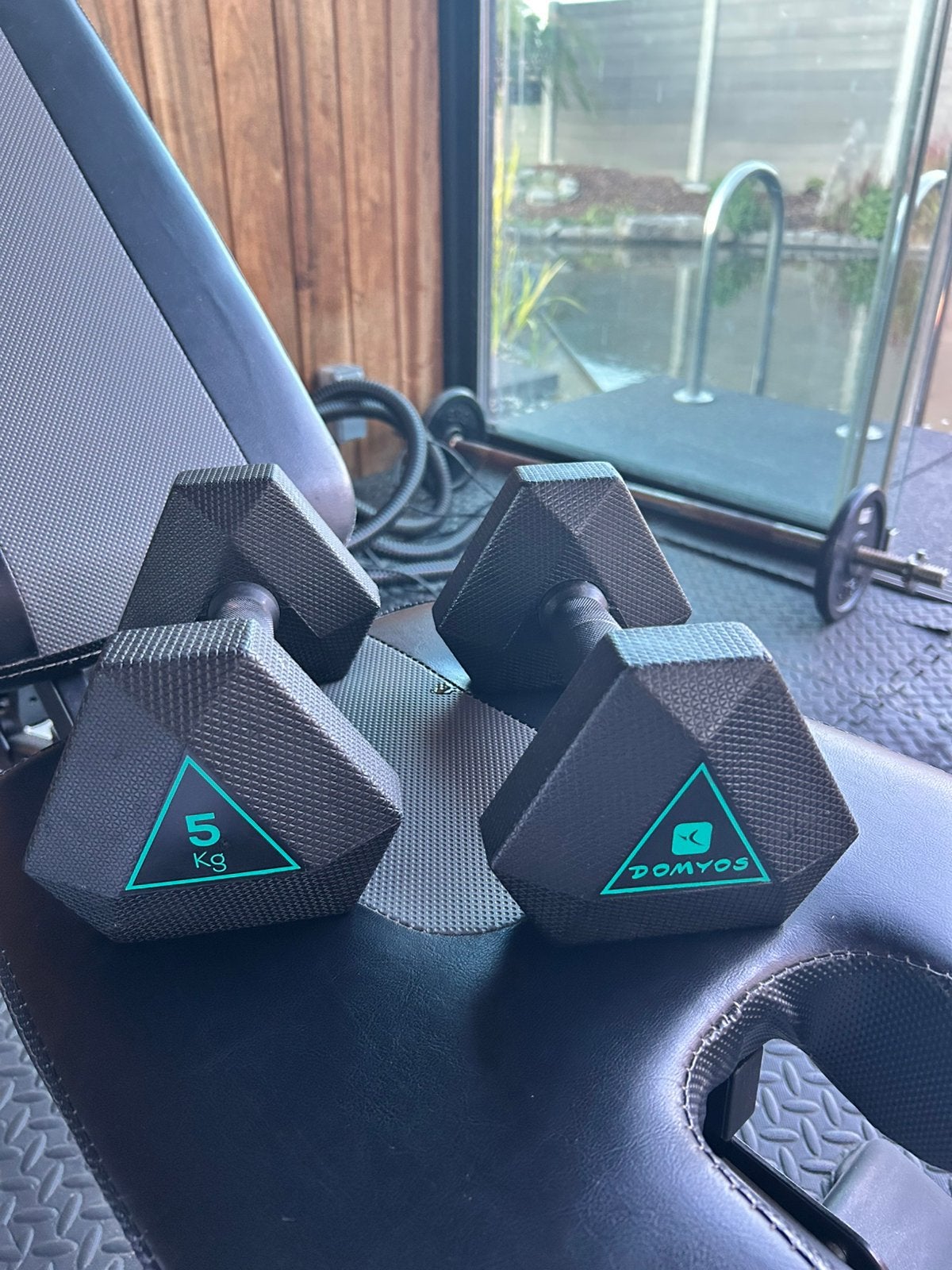2 Domyos halters van 5 kg - Uitstekende conditie, Sport en Fitness, Ophalen, Zo goed als nieuw, Dumbbell