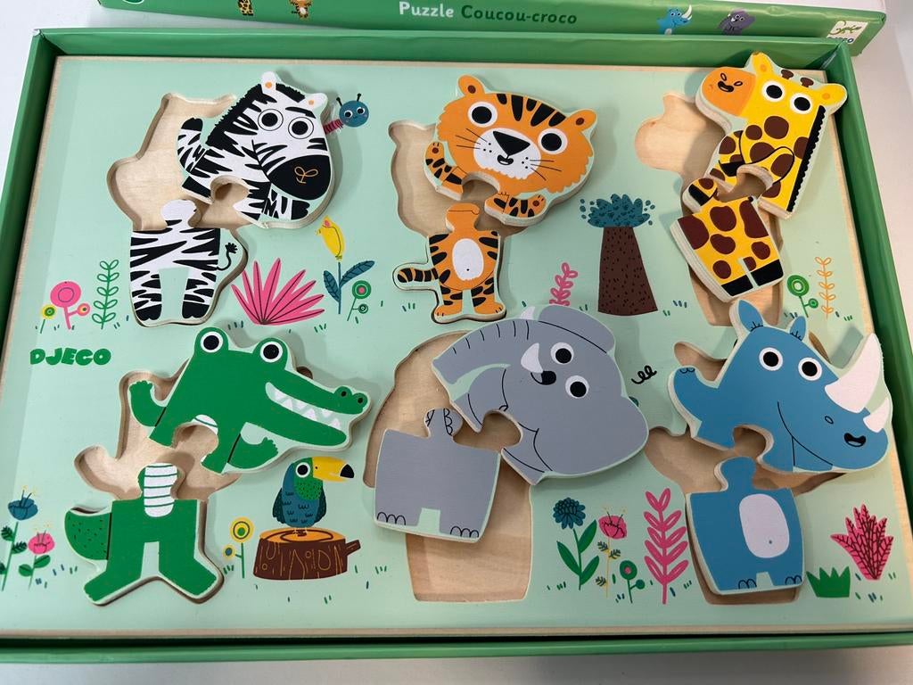Puzzle à incrustations en bois Djeco 12 pièces, Enlèvement ou Envoi, 2 à 4 ans, Comme neuf, 10 à 50 pièces