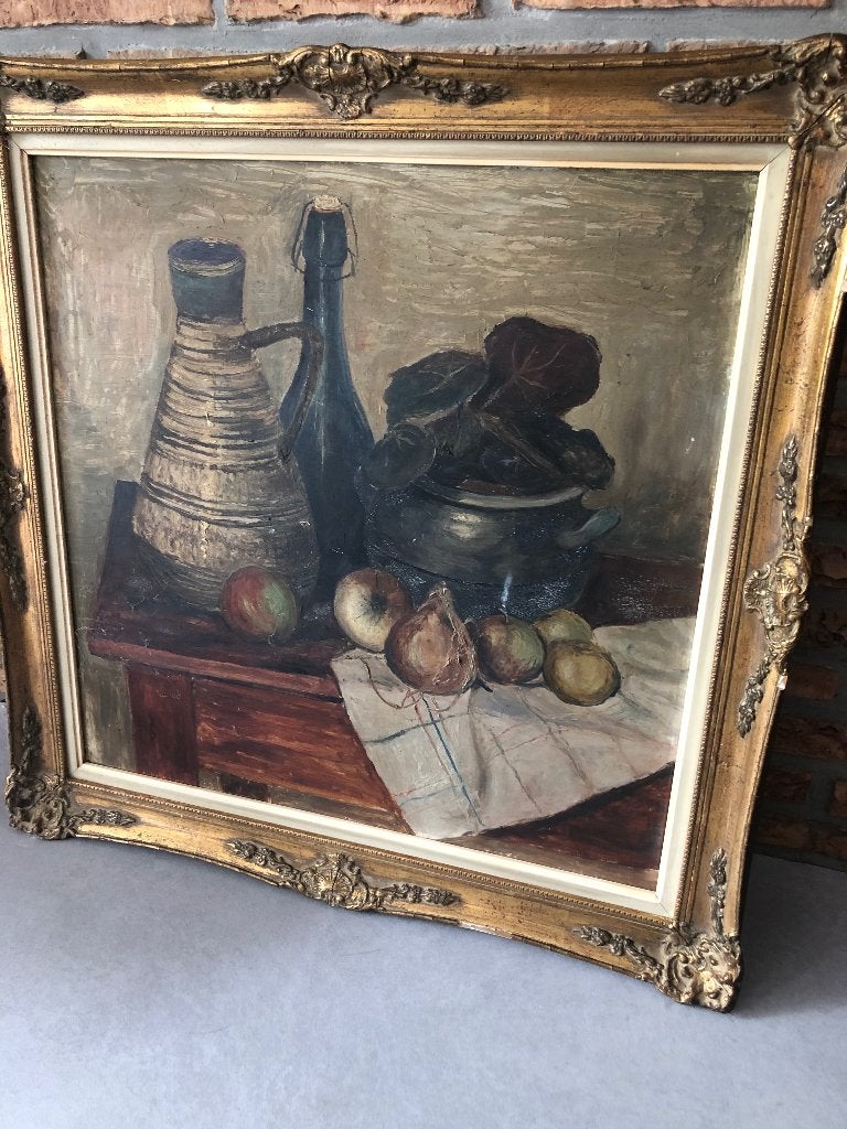 Grand tableau rétro ancien de Brocante, Enlèvement, Nature morte
