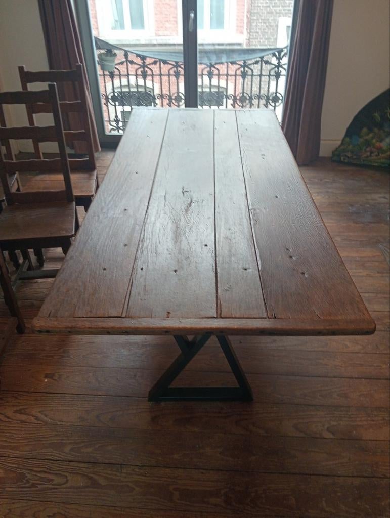 Eikenhouten tafel en 5 stoelen, Ophalen, Ancien, Gebruikt, Eikenhout