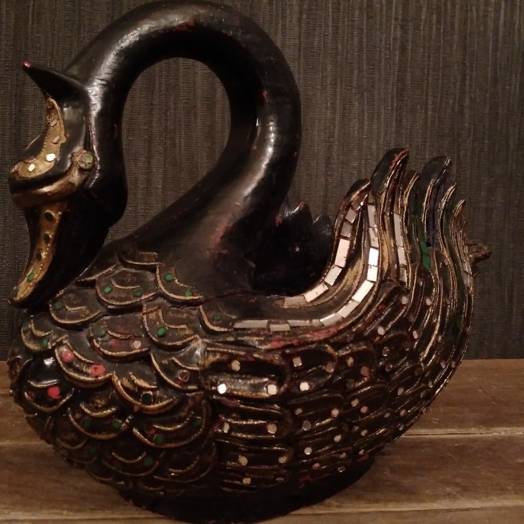 Grand cygne vintage en bois, décoré de verre, Enlèvement ou Envoi