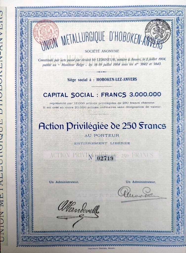Union Métallurgique d'Hoboken-Anvers (UMICORE) 1904, Timbres & Monnaies, Enlèvement ou Envoi, Avant 1920, Action