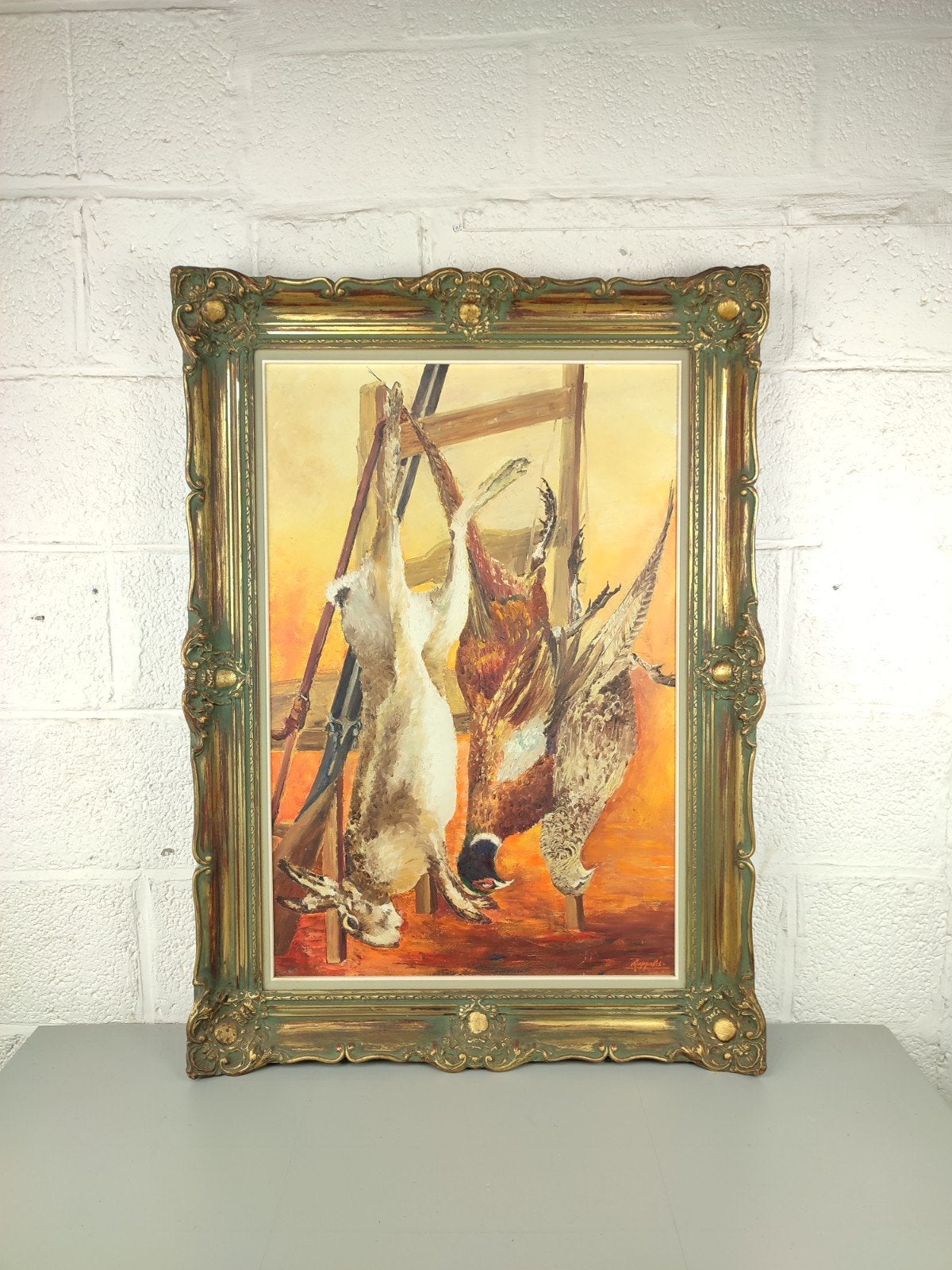 Groot stilleven met jacht trofeeën, Antiek en Kunst, Kunst | Schilderijen | Klassiek, Ophalen, Gesigneerd, Stilleven, Doek