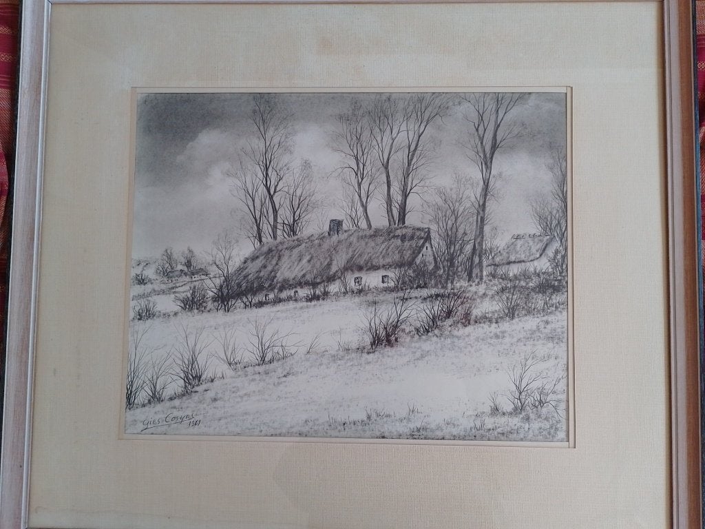 Gies Cosyns  1920 - 1997   Tekening Hoeve Winter, Antiquités & Art, Envoi, Dessin, Signé