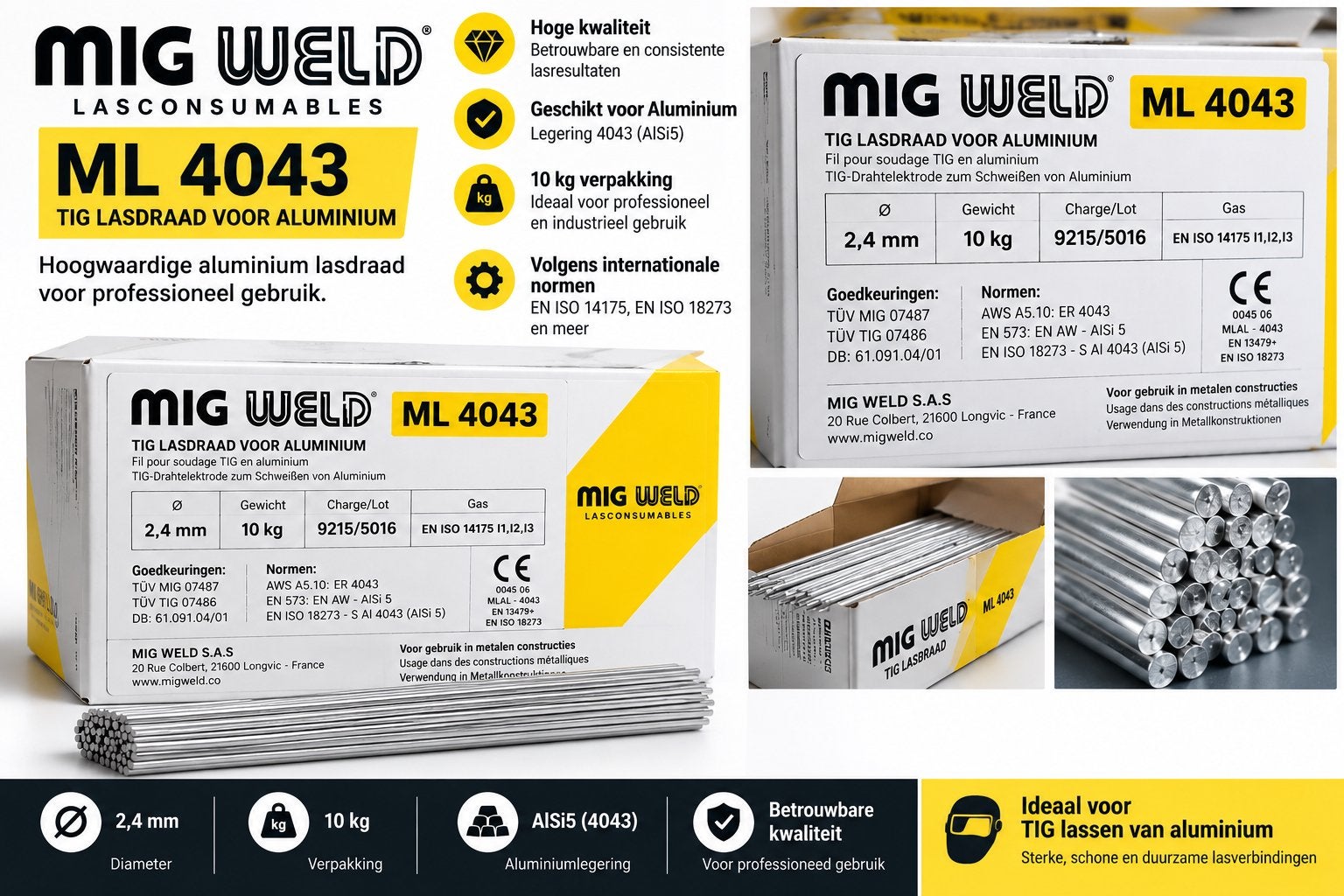 MIG WELD ML 4043 Alu TIG Lasdraad 2,4 mm – 10 kg, Doe-het-zelf en Bouw, Ophalen of Verzenden, Zo goed als nieuw, Tig