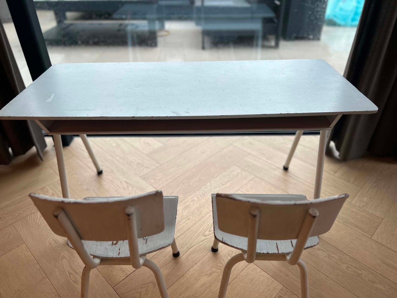 Oud schoolbankje met stoeltjes, Antiek en Kunst, Ophalen