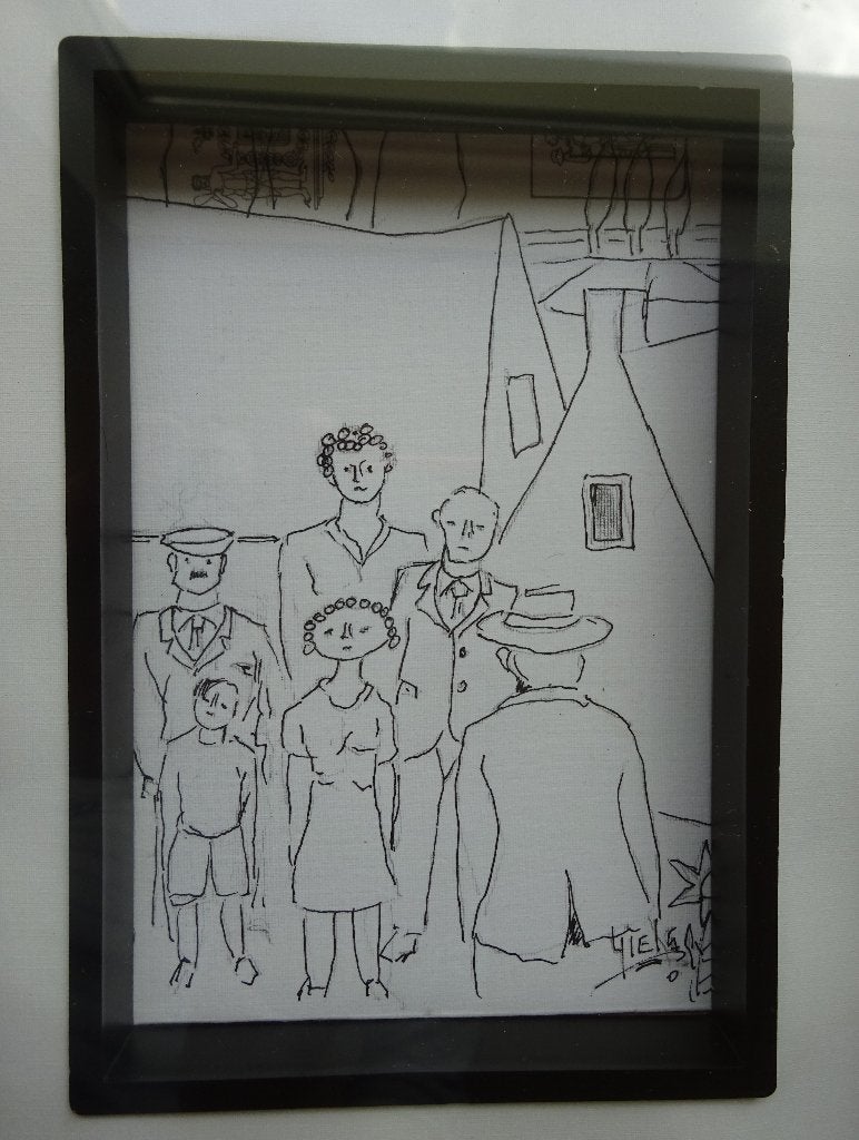 Ludo Giels, 2 originele tekeningen in een lijstje, Portrait ou Personnes, Enlèvement ou Envoi, Expressionniste, Dessin