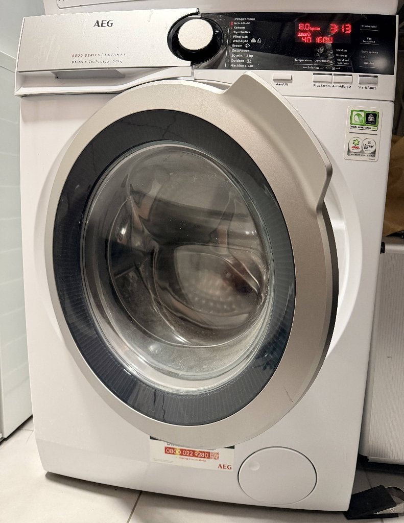 AEG wasmachine 8kg, 1.600 rpm OKOMix technologie, 85 à 90 cm, 1600 tours ou plus, Comme neuf, Chargeur frontal