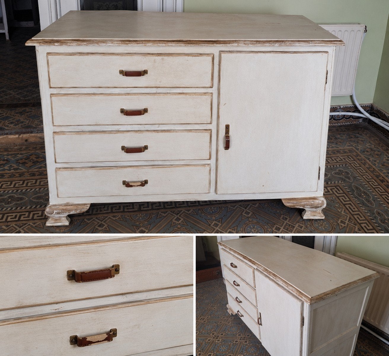 Commode vintage blanche  4 tiroirs + placard  Style campag, 3 ou 4 tiroirs, Enlèvement, Utilisé