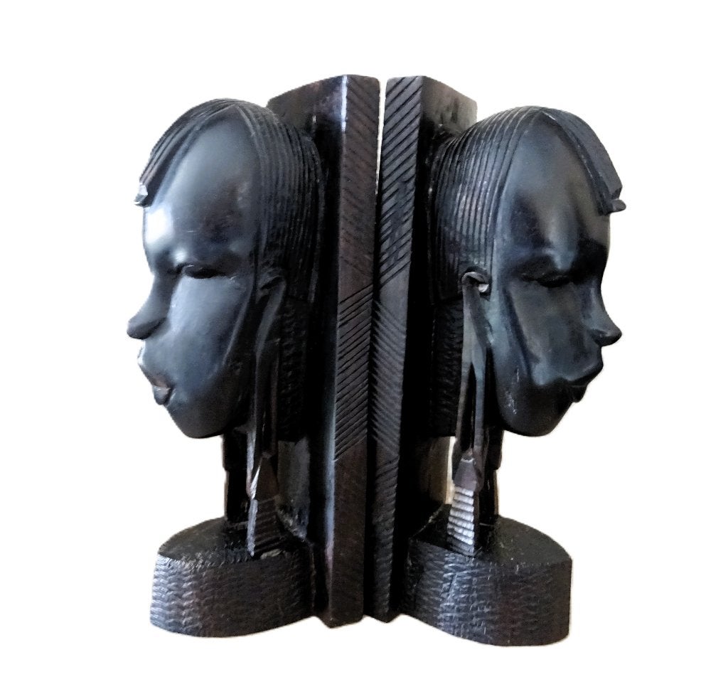 Boekensteunen met Afrikaanse tribale krijgershoofden -Kenya, Ophalen of Verzenden, Gesneden, Hout