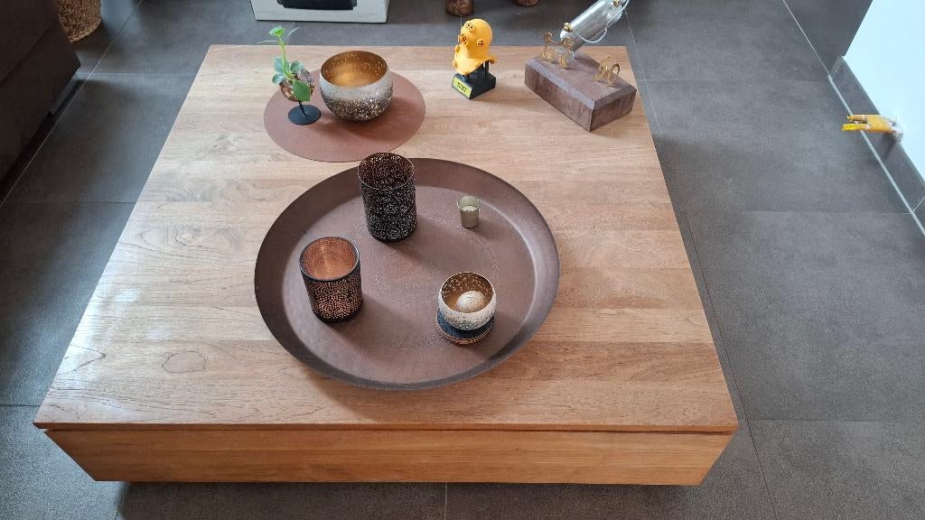Teak masssieve salontafel met 2 schuiven, Ophalen, Strak, Gebruikt, Minder dan 50 cm