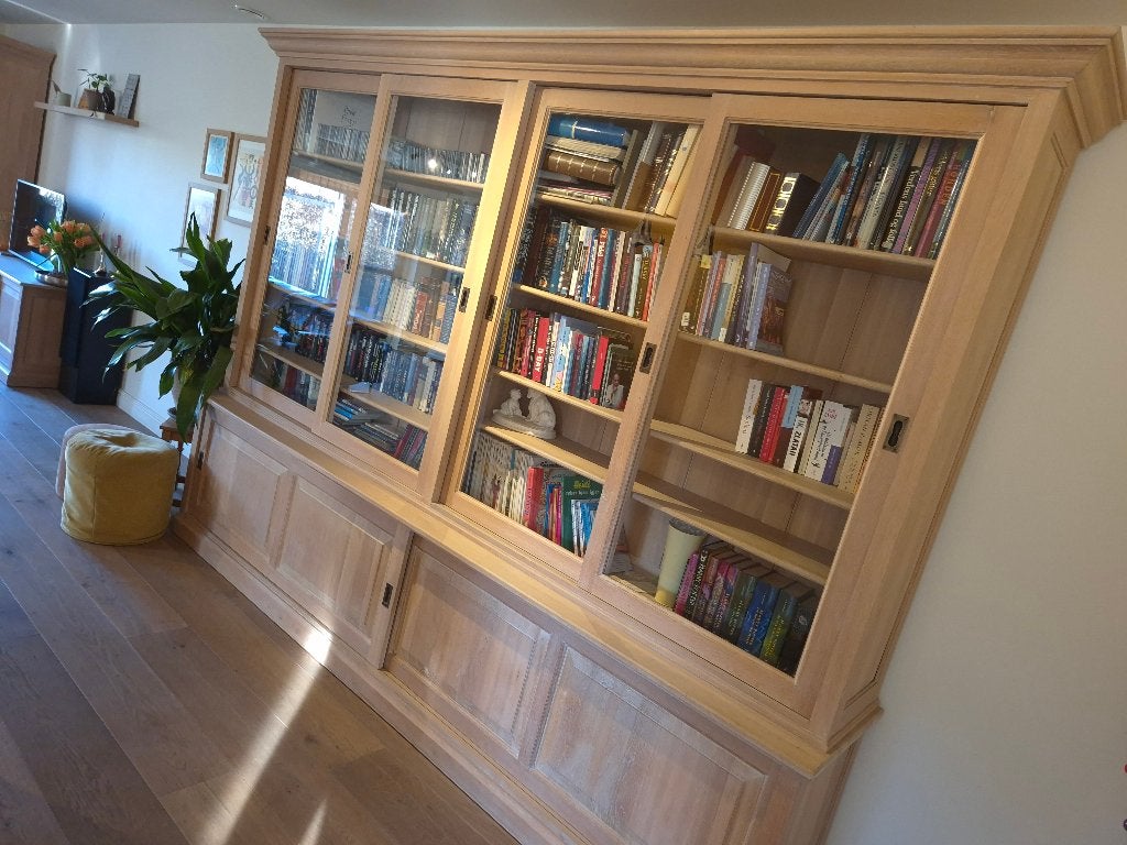 verkocht - Bibliotheekkast - 2 delen - volle eik - uitsteken, Ophalen, Glas, Met deur(en), 200 cm of meer
