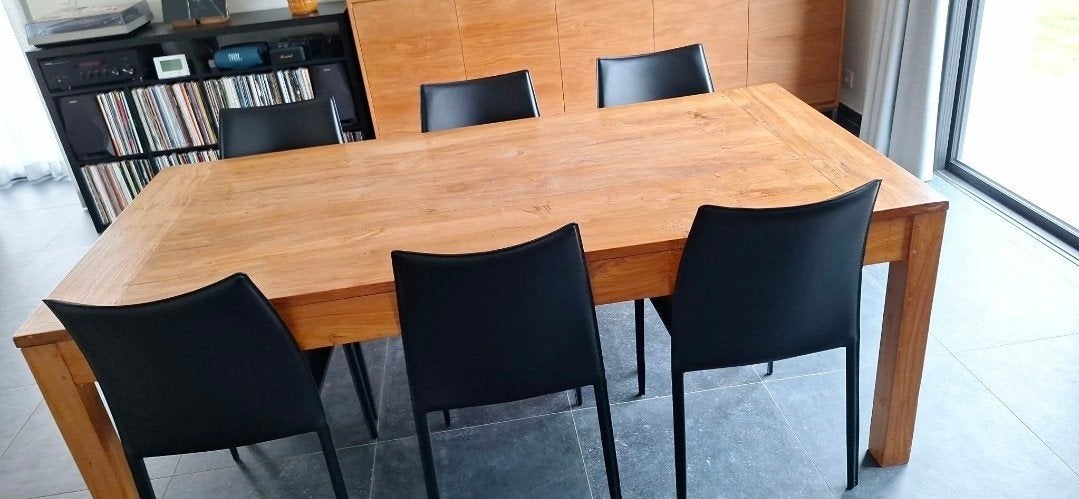 teaken tafel en 6 kunstleren stoelen, Enlèvement, Utilisé, Teak, 4 à 6 chaises