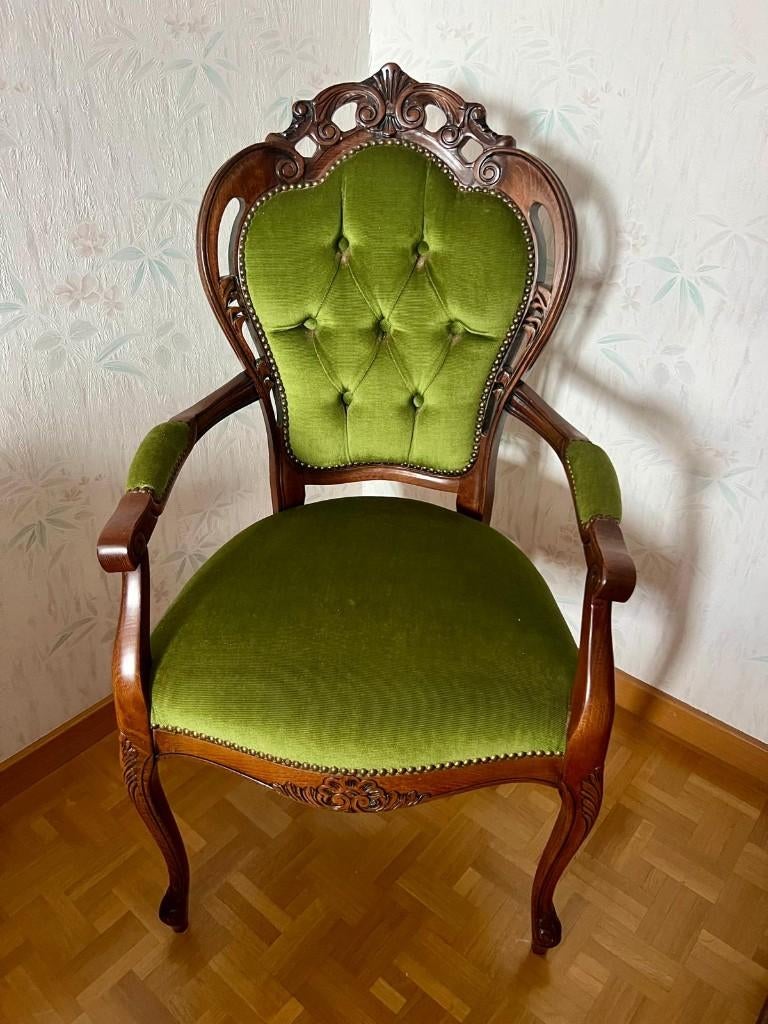 Vintage houten fauteuil met groene bekleding – zeer stijlvol, Huis en Inrichting, Stoelen, Ophalen, Overige kleuren, Antique, Zo goed als nieuw