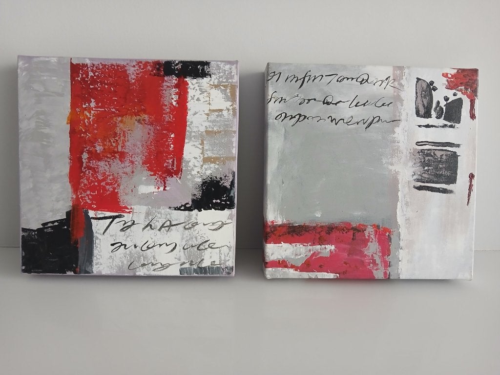 Schilderijen: 2 moderne abstracte canvasdoeken 25 x 25 cm, Ophalen, Abstract