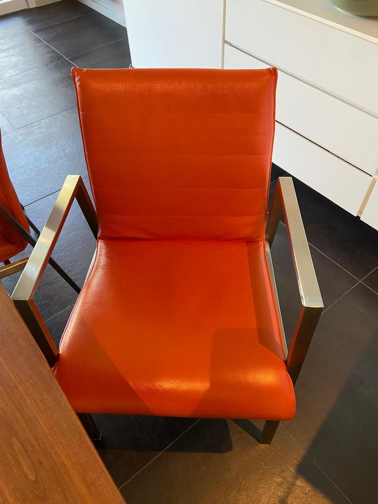 6 oranje lederen stoelen, Huis en Inrichting, Fauteuils, Ophalen, Gebruikt