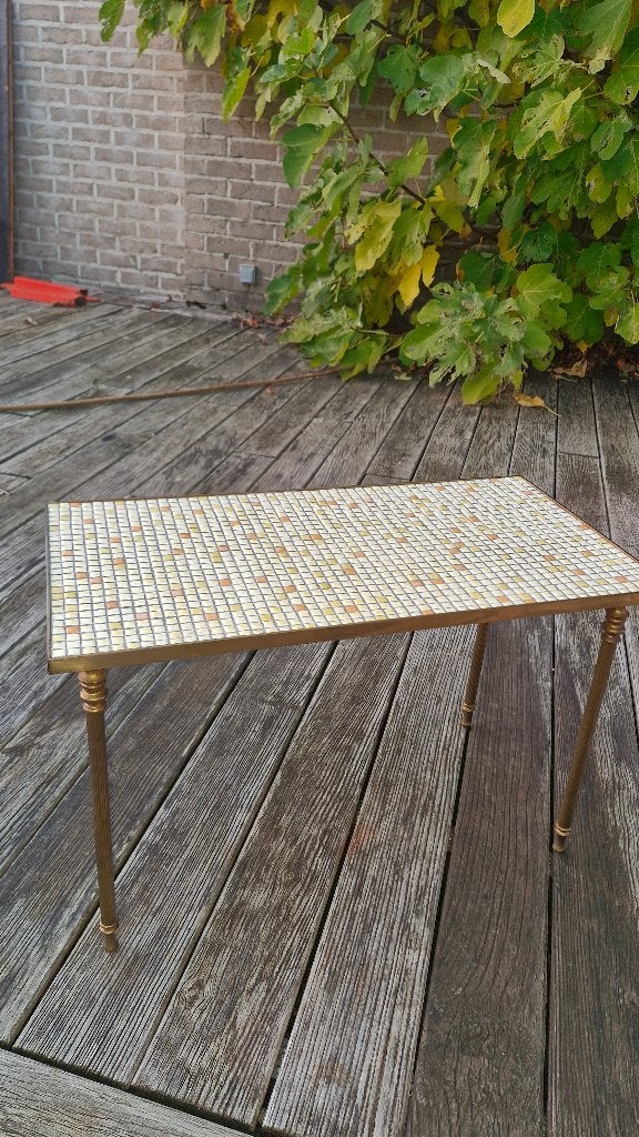 Table d'appoint en mosaïque et piétement en métal cuivré, Antiquités & Art, Enlèvement ou Envoi
