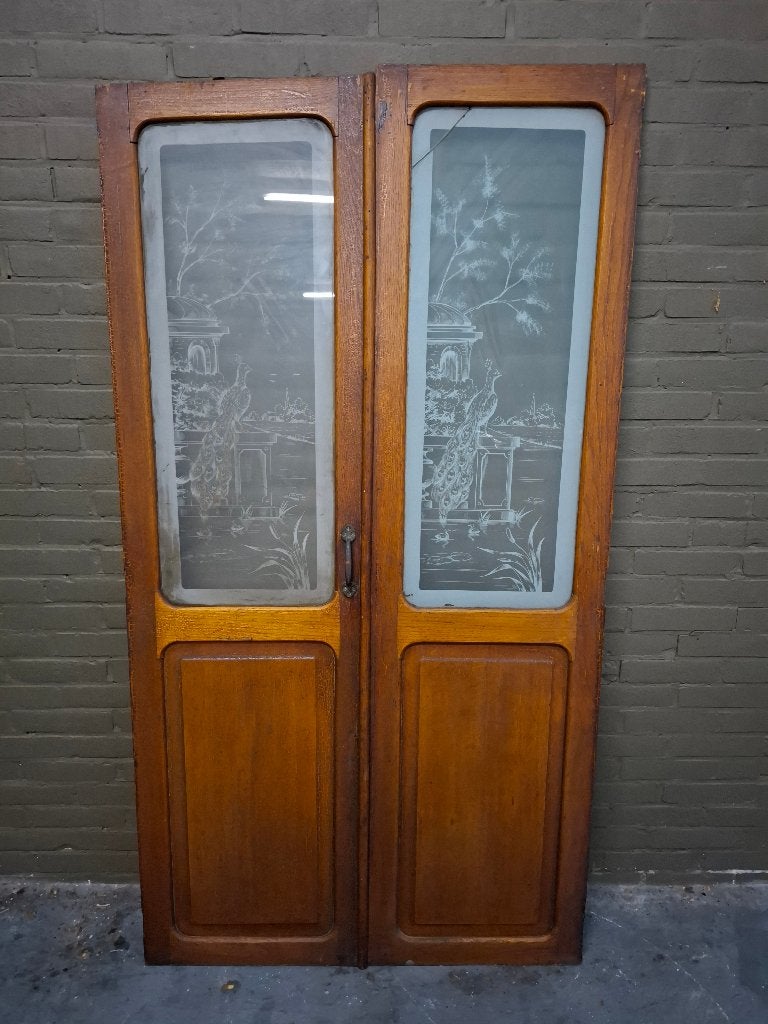 Antieke Eiken Deuren | Uniek Geëtst Glas met Prachtige Pauw, Ophalen