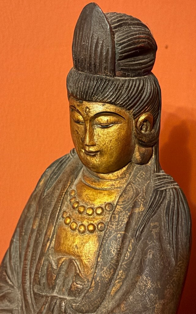 Statue Déesse Kwan Yin en Bois Massif et Chrome Doré., Antiquités & Art, Enlèvement ou Envoi, Chine, Bois, Sculpté