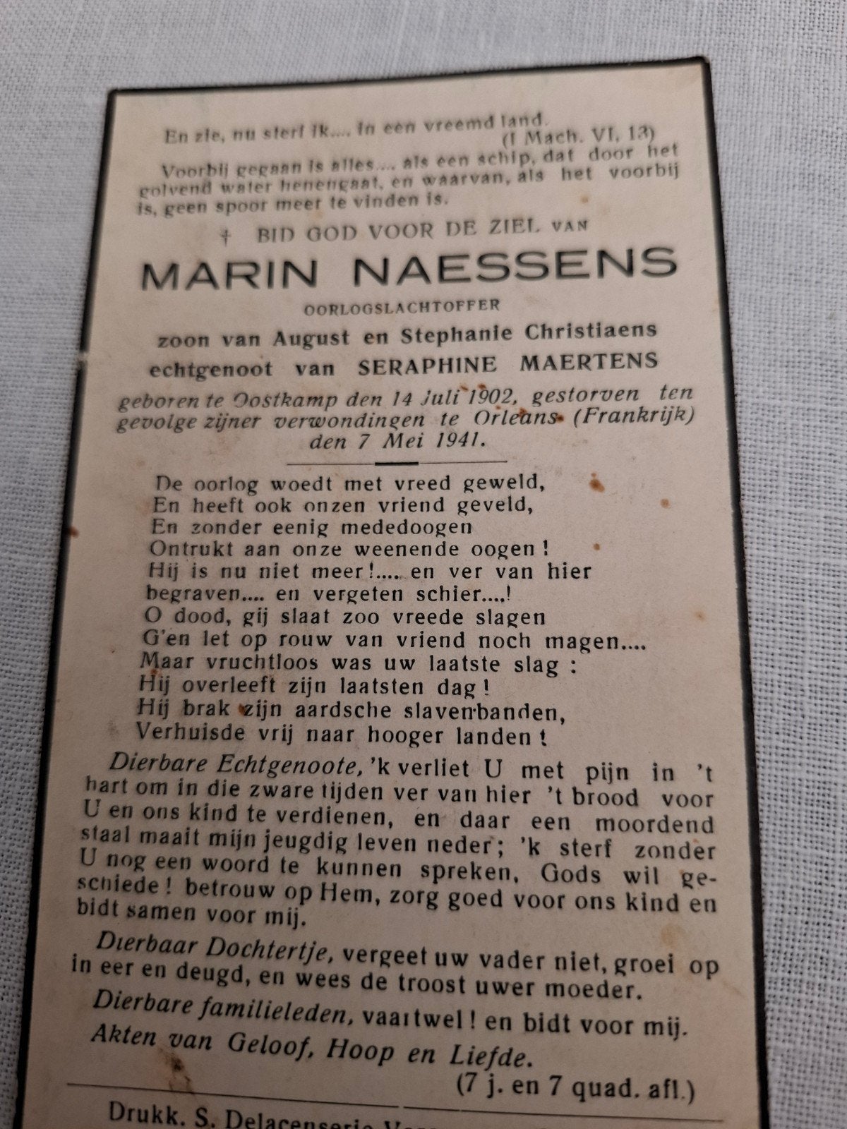 bidprentje oorlogsslachtoffer orleans Frankrijk, Ophalen of Verzenden, Bidprentje
