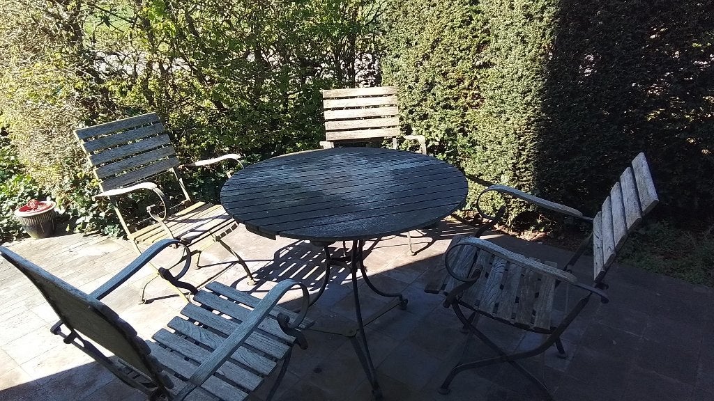 Vintage tuintafeltje en 4 stoelen, Jardin & Terrasse, Chaises de jardin, Enlèvement, Utilisé, Bois