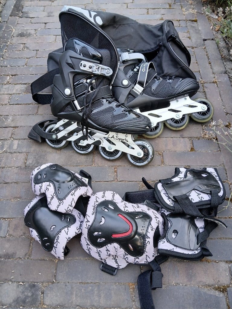 Inline skates maat 42-43 (+tas en beschermers), Sports & Fitness, Patins à roulettes alignées, Autres marques, Rollers 4 roues en ligne