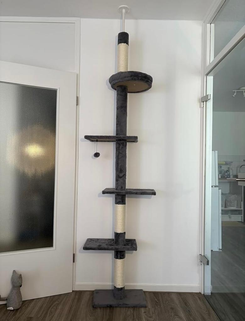 Grijze verstelbare plafond krabpaal kattenboom 243-273cm, Dieren en Toebehoren, Ophalen of Verzenden, Zo goed als nieuw, Krabpaal