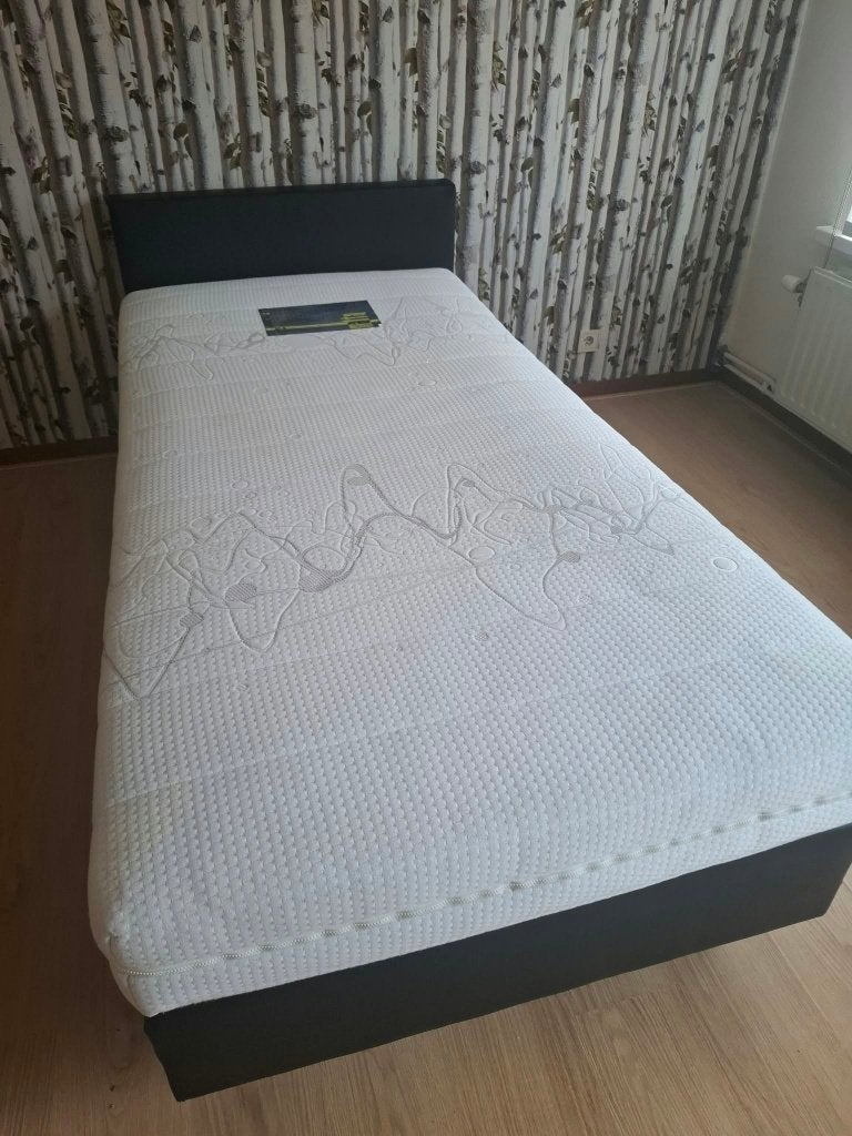 Boxspring + pocketverenmatras 1 pers zwart leder, Ophalen, Overige materialen, Eenpersoons, Zwart