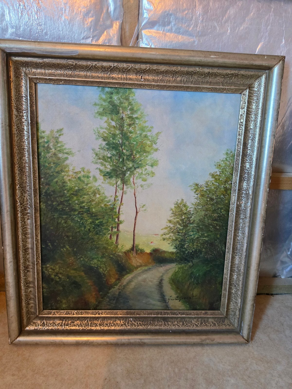 Tableau ancien signé – Paysage de campagne – Huile sur toile, Enlèvement, Signé, Paysage, Toile