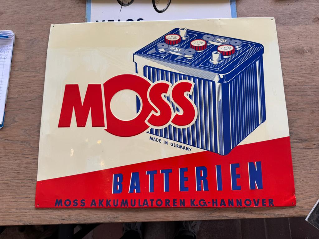 MOSS Accus oud reclamebord, Verzamelen, Ophalen of Verzenden, Gebruikt, Reclamebord