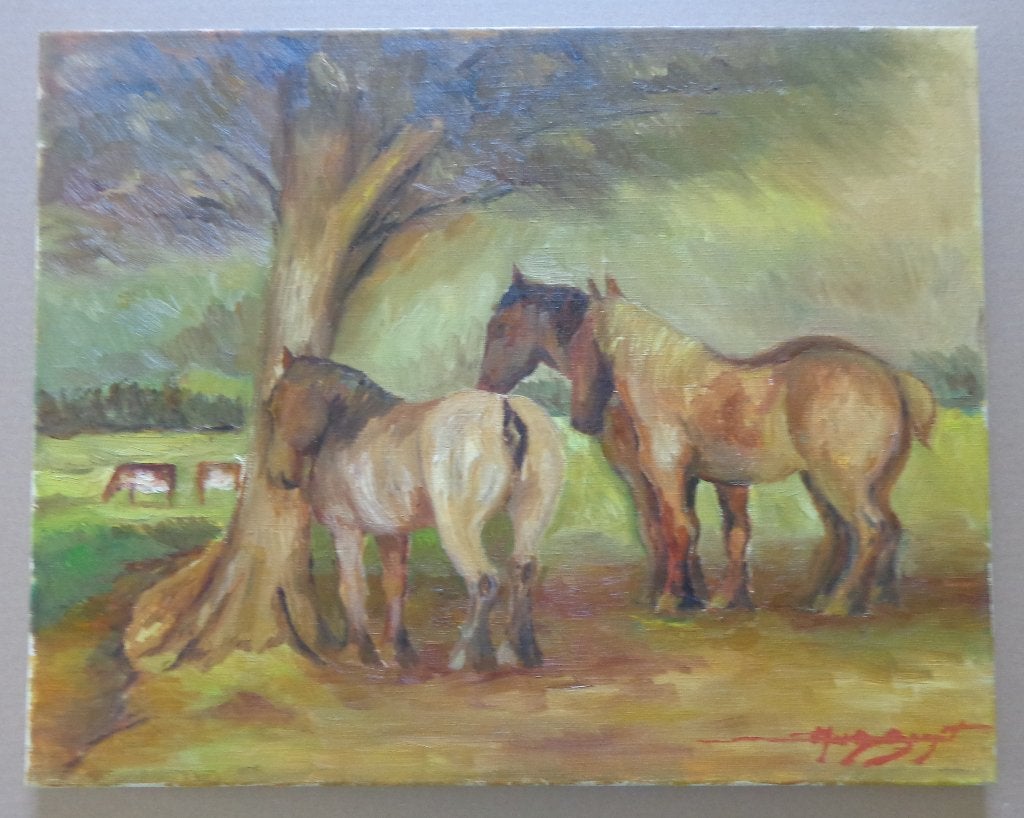 MARCEL VAN DEN BEMPT / PAARDEN / OLIEVERF / 40x50cm CHASSIS, Ophalen of Verzenden, Gesigneerd, Olieverf, Doek