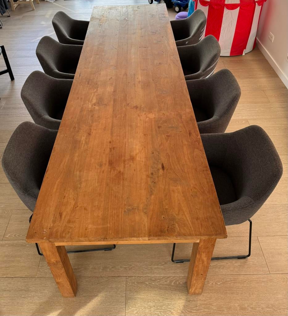 Massieve teakhouten eettafel 3m met 8 stoelen – complete set, Huis en Inrichting, Ophalen, Gebruikt, Teakhout, 200 cm of meer