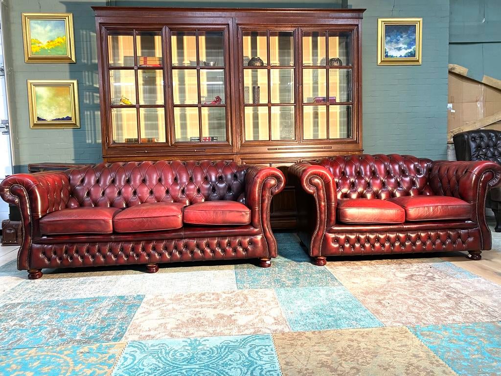 Engelse Springvale 3+2 zit zetels Oxblood rood, Huis en Inrichting, Ophalen of Verzenden, Zo goed als nieuw, Leer