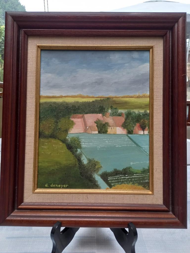 Schilderij landschap olieverf gesigneerd..afm.36x42, Antiek en Kunst, Kunst | Schilderijen | Klassiek, Ophalen of Verzenden