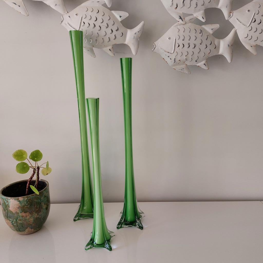 Drie vintage, glazen solifleur vazen (3x vaas)., Antiquités & Art, Antiquités | Verre & Cristal, Enlèvement