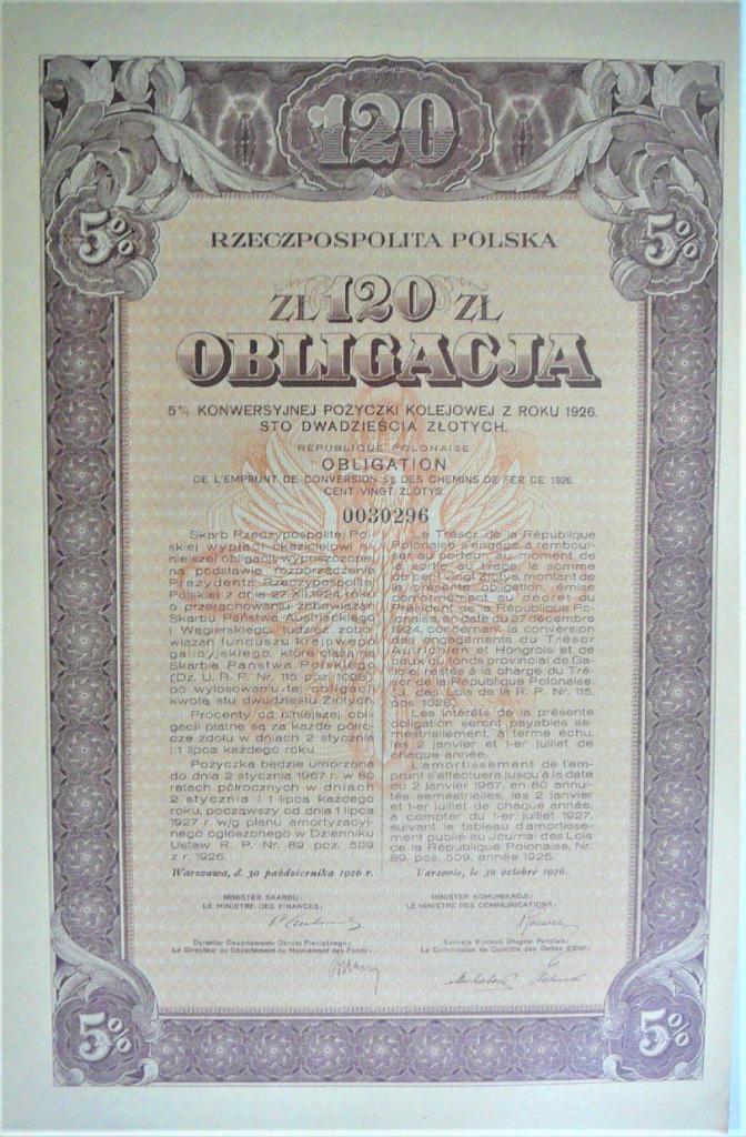 Rzeczpospolita Polska-oblig.de l'empr.de conv.5%-120zl, Ophalen of Verzenden, 1920 tot 1950, Obligatie of Lening