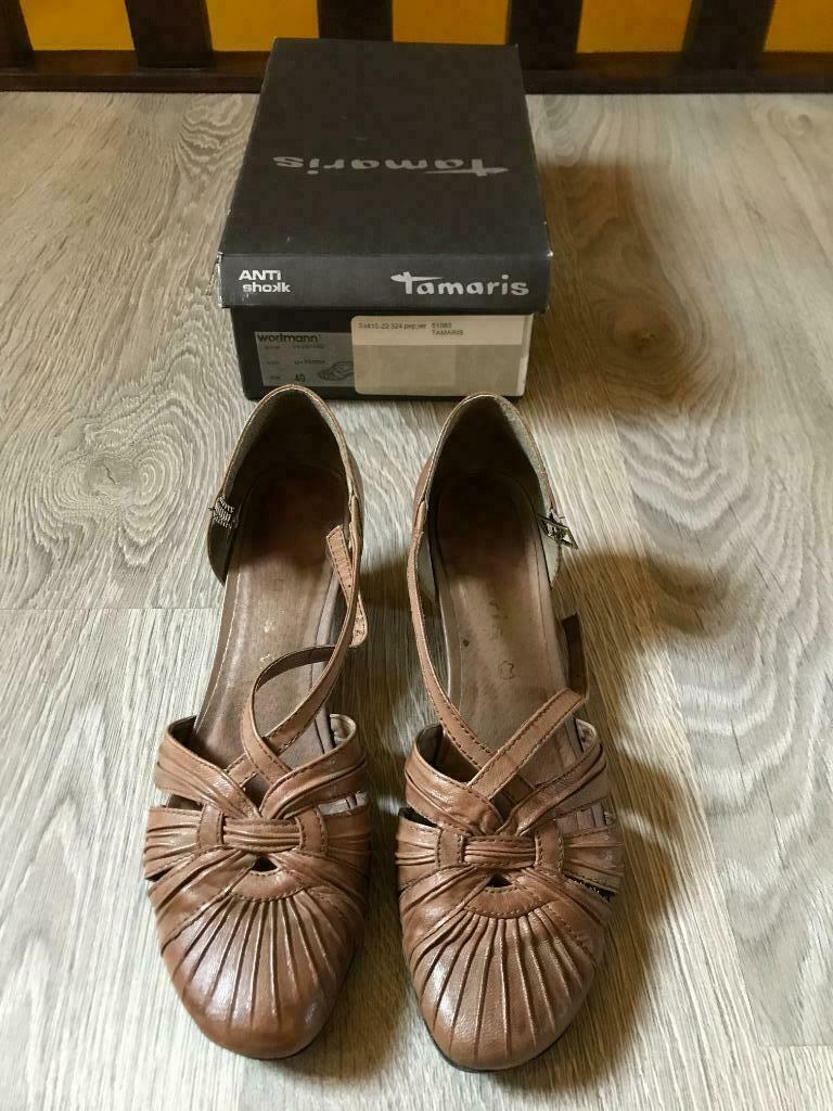 Tamaris Cognac Lederen Open Pumps Maat 40, Tamaris, Bruin, Ophalen of Verzenden, Gedragen