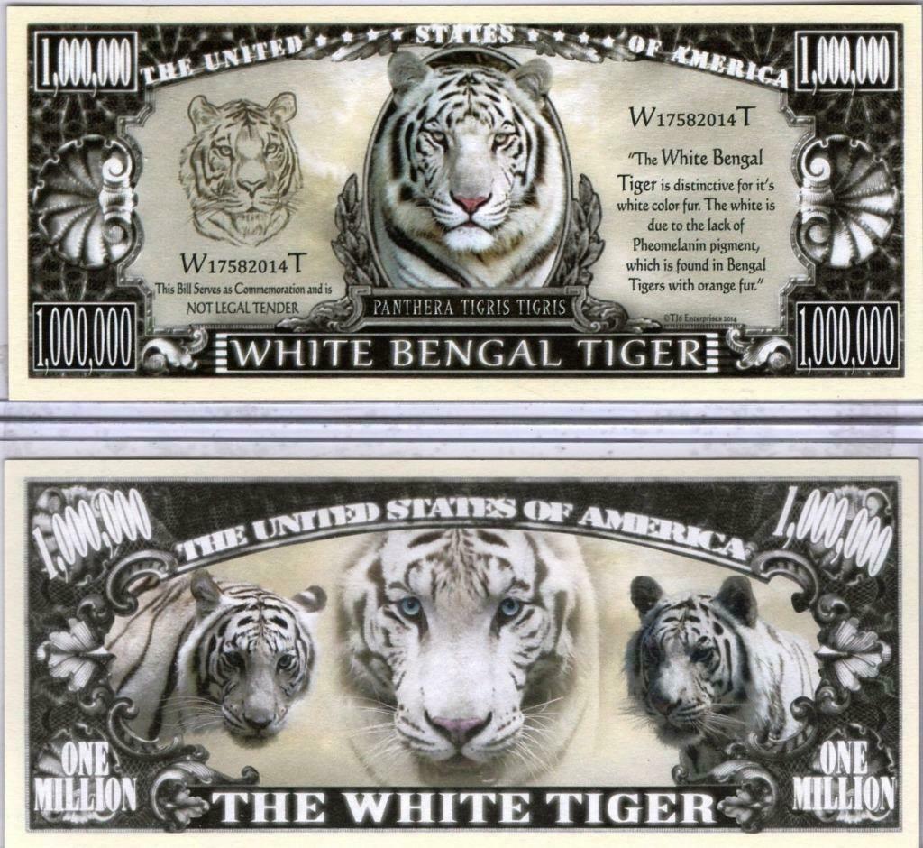 USA White Bengal Tiger 1 Million $ biljet - Panthera Species, Envoi, Amérique du Nord, Billets en vrac