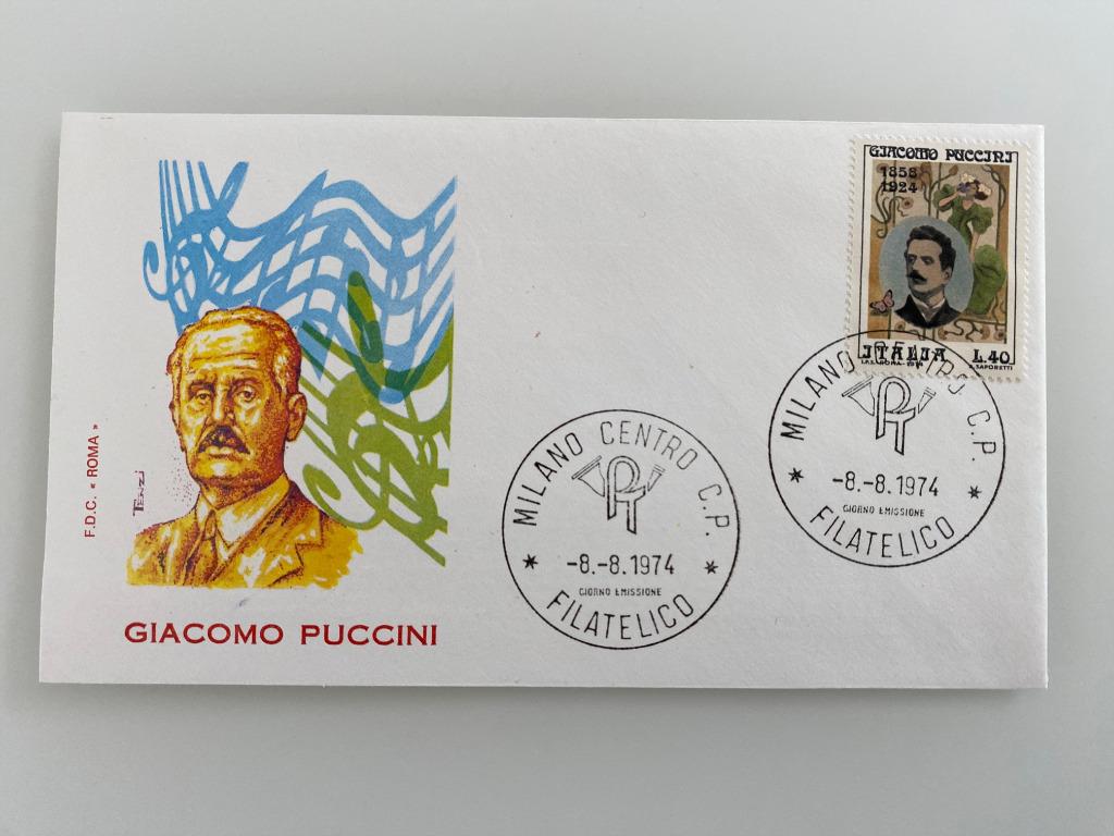 Timbre Enveloppe Premier Jour Italie Puccini 1974, Enlèvement ou Envoi, Affranchi