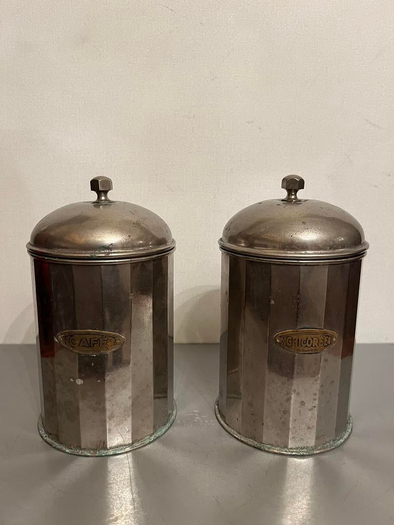 Twee vintage verchroomde koperen voorraadpotten, Enlèvement ou Envoi