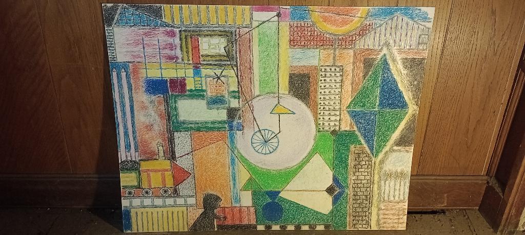 Dessin pastel abstrait signé Serge Montegnies, 73x57, n569, Enlèvement