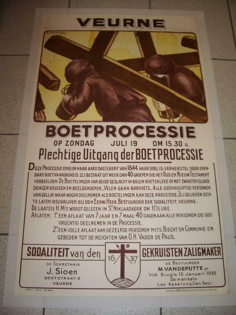 Affiche boeteprocessie Veurne, 15 januari 1935, Verzamelen, Ophalen of Verzenden, Gebruikt